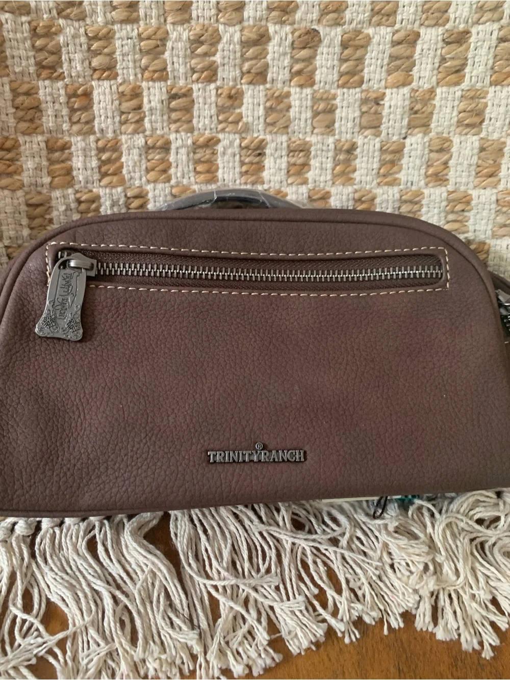 Trinity Brown Woven Studded Fringe Cosmetic Clutch